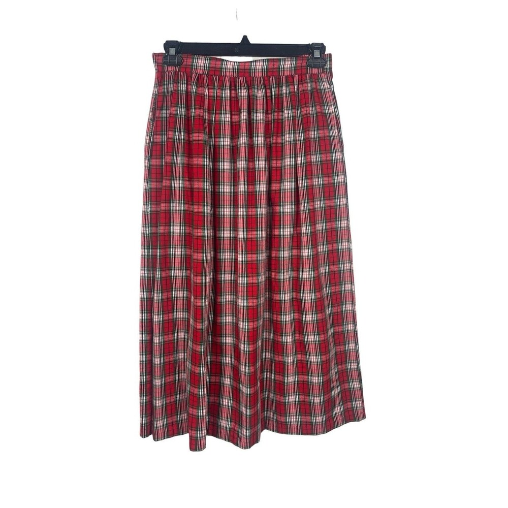 VTG Sweater Loft Red Green Plaid Flannel Midi Skirt M Pull On Elastic Made